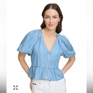 DKNY Women's Zip-Front Puff-Sleeve Blouse NWT XS Peplum Color Glacier Super Soft